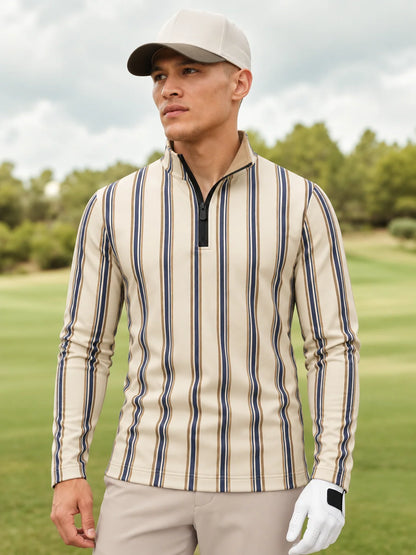 Cremefarbener Golfpullover für Herren mit marineblauem Längsstreifenmuster und Viertelreißverschluss