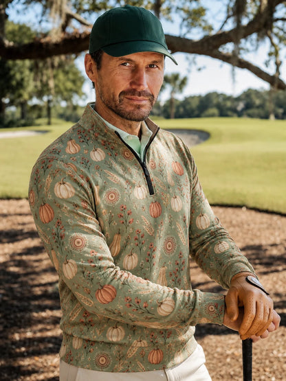Golf-Pullover mit Viertelreißverschluss in Salbeigrün mit Kürbismotiv
