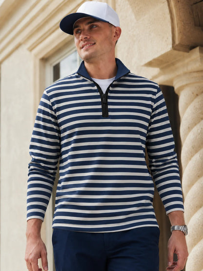 Golf-Pullover aus Funktionsmaterial in Marineblau mit nautischem Streifenmuster und Viertelreißverschluss
