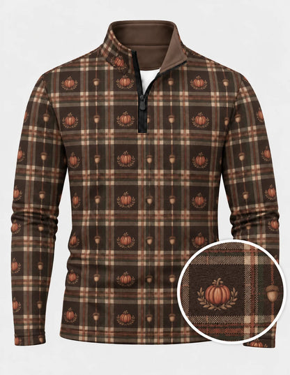Golfpullover mit Thanksgiving-Kürbis-, Eichel- und Karomuster, Funktionsmaterial und Viertelreißverschluss