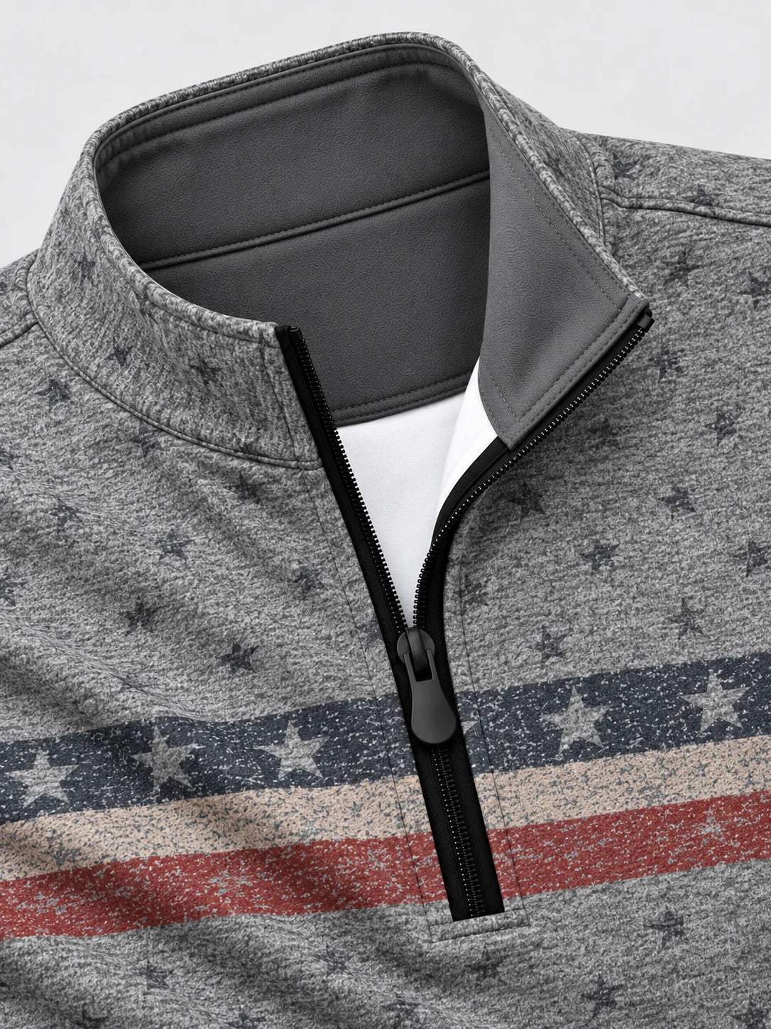 Grauer Golfpullover für Herren mit Sternen- und Streifenmuster und Viertelreißverschluss