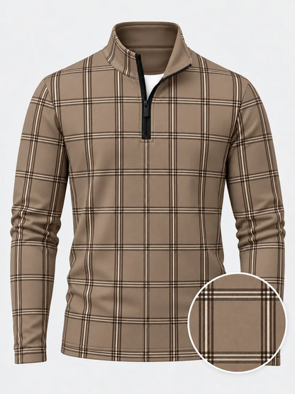Golf-Pullover in Mokka mit großem Karomuster und kurzem Reißverschluss