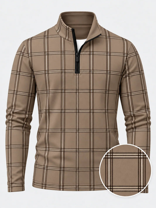 Golf-Pullover in Mokka mit großem Karomuster und kurzem Reißverschluss