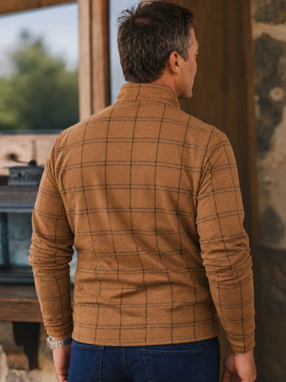 Golf-Pullover aus Funktionsmaterial in Rostorange mit Fensterkaromuster und Viertelreißverschluss