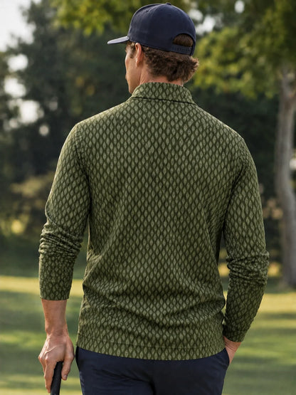 Performance-Pullover mit Viertelreißverschluss und Rautenmuster in Olivgrün