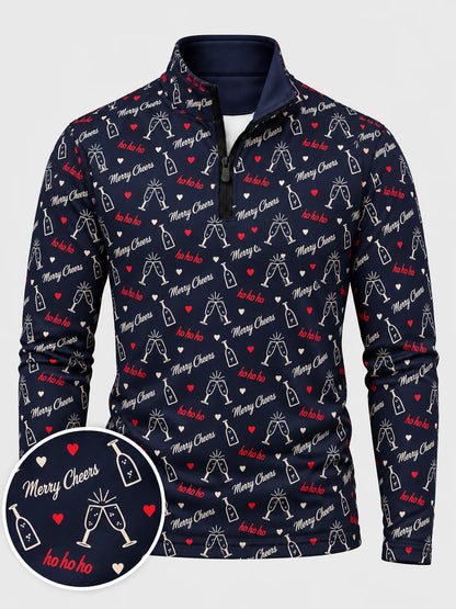 Golfpullover in Mitternachtsblau mit festlichem Weihnachtsmotiv und Viertelreißverschluss