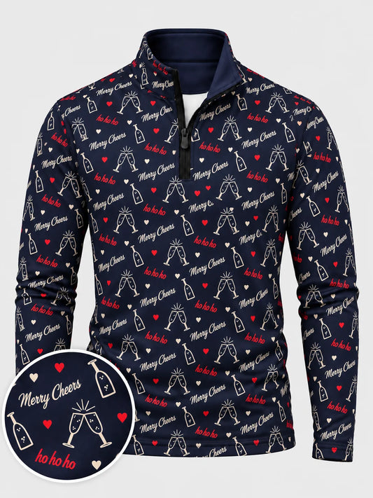 Golfpullover in Mitternachtsblau mit festlichem Weihnachtsmotiv und Viertelreißverschluss