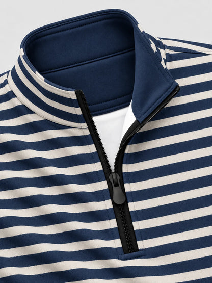 Golf-Pullover aus Funktionsmaterial in Marineblau mit nautischem Streifenmuster und Viertelreißverschluss