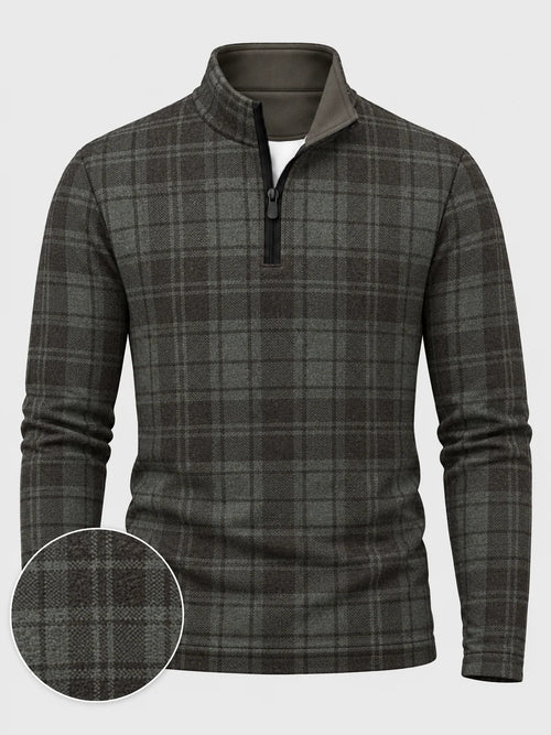Golf-Pullover mit Viertelreißverschluss und Karomuster in Anthrazit und Olivgrün