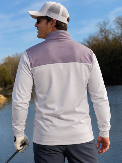 Mauvefarbener Golf-Pullover mit Colorblock-Design und kurzem Reißverschluss
