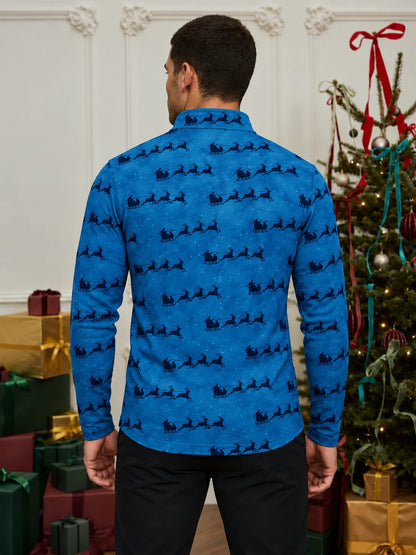 Golfpullover in Blau mit weihnachtlichem Schlittenmotiv und Viertelreißverschluss
