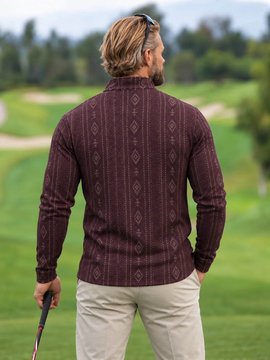 Dunkelpflaumenfarbener Heritage-Pullover mit Muster und kurzem Reißverschluss