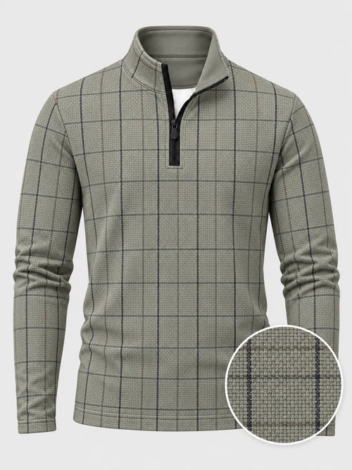 Golf-Pullover mit Viertelreißverschluss und Fensterkaromuster in Salbeigrau