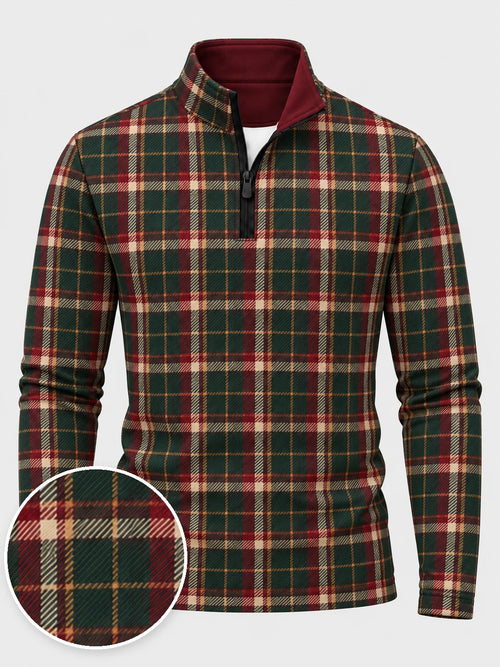 Golfpullover in Tannengrün mit weihnachtlichem Tartanmuster und Viertelreißverschluss