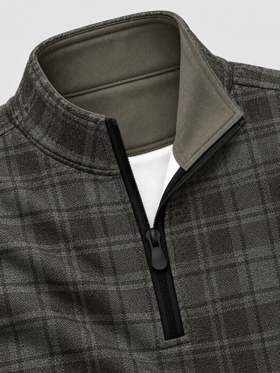 Golf-Pullover mit Viertelreißverschluss und Karomuster in Anthrazit und Olivgrün