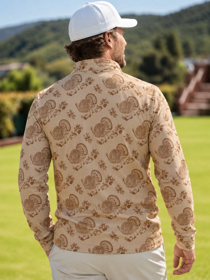 Beigefarbener Golfpullover mit Truthahn-Print im Vintage-Stil, Funktionsmaterial und Viertelreißverschluss