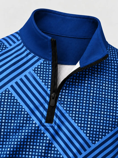 Marineblauer Golf-Pullover mit Gittermuster und diagonalen Streifen, Viertelreißverschluss und Funktionsmaterial