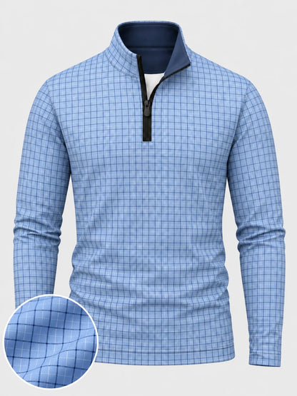 Golfpullover in Kornblumenblau mit Tattersall-Karomuster und Viertelreißverschluss
