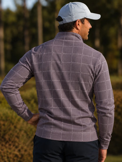 Golf-Pullover aus Funktionsmaterial in gedecktem Mauve mit minimalistischem Fensterkaromuster und Viertelreißverschluss
