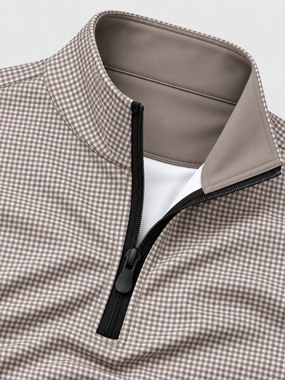 Golf-Pullover in Taupe mit Vichy-K Karomuster und kurzem Reißverschluss