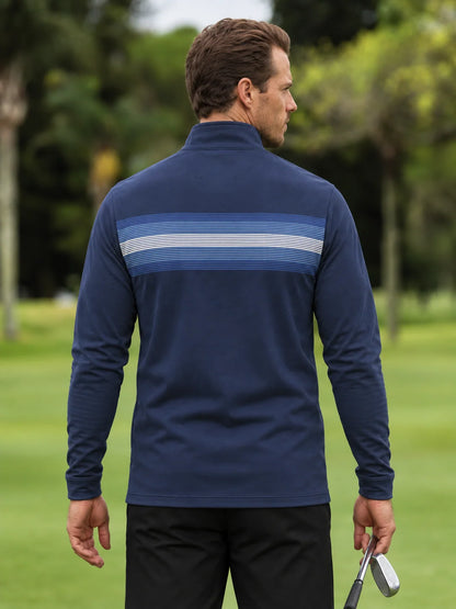 Golf-Pullover in Mitternachtsblau mit Bruststreifen und kurzem Reißverschluss