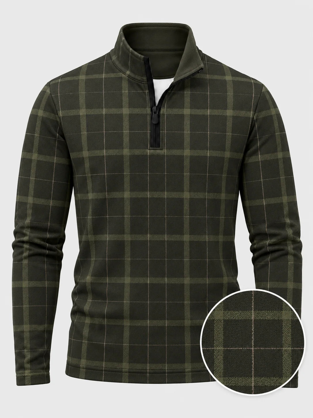 Golf-Pullover aus Funktionsmaterial in dunklem Olivgrün mit klassischem Heritage-Karomuster und Viertelreißverschluss