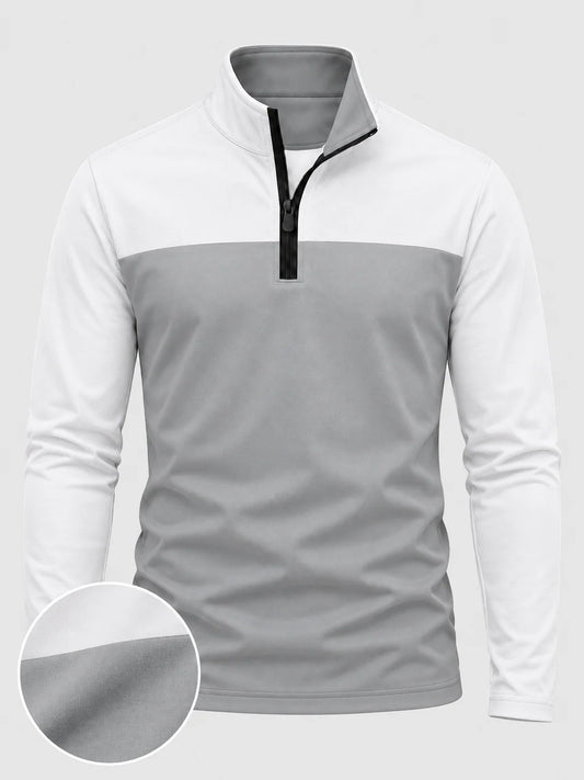 Grauer Golf-Pullover mit Farbblockdesign und kurzem Reißverschluss