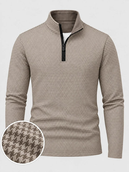 Klassischer Golfpullover für Herren in Taupe mit Hahnentrittmuster und Viertelreißverschluss