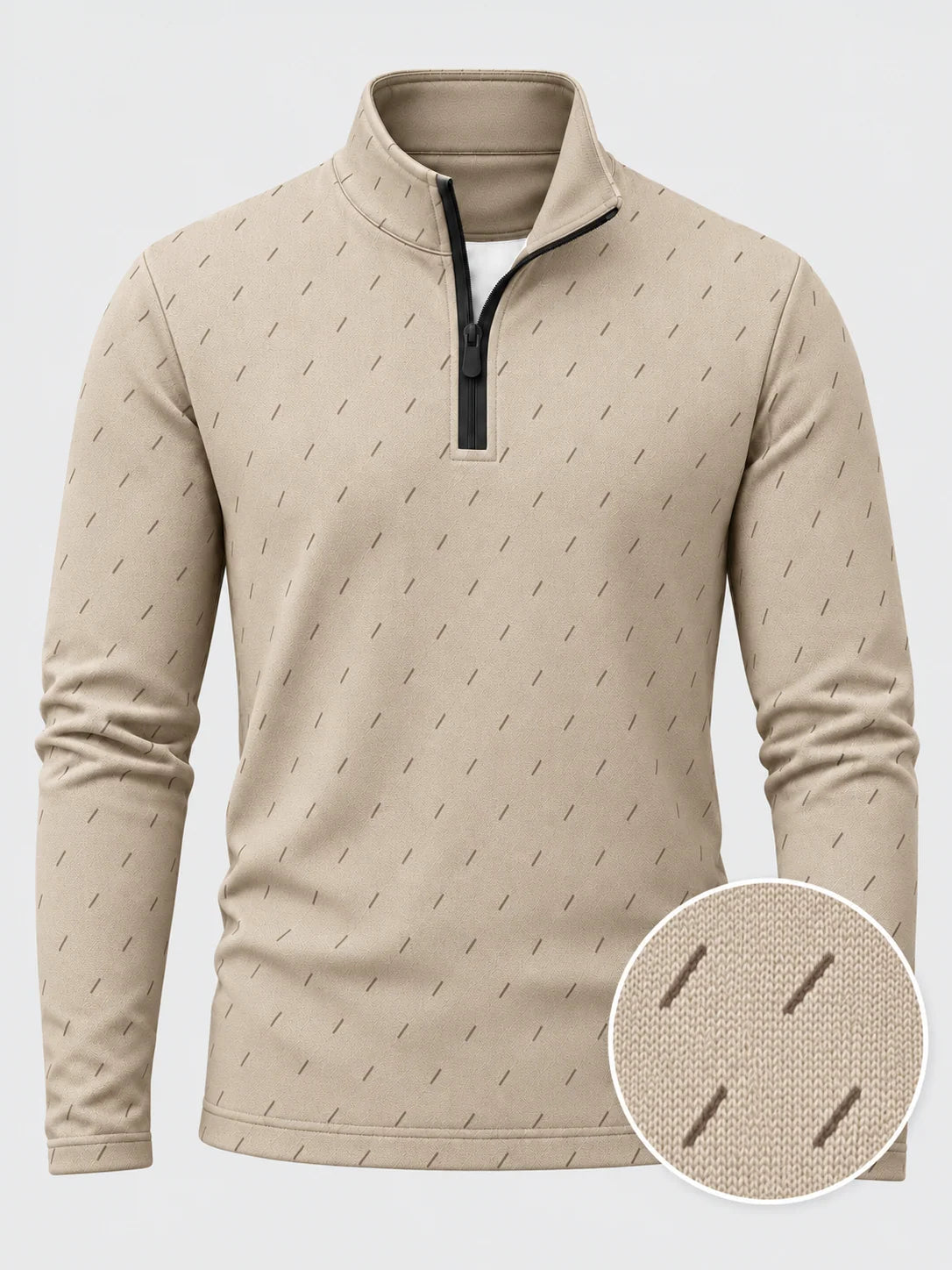 Performance-Golfpullover in Elfenbeinbeige mit feinem Strichmuster und Viertelreißverschluss