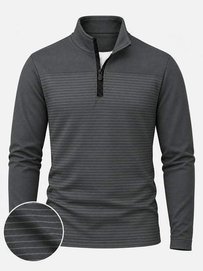 Golf-Pullover in Anthrazit mit feinem Streifenmuster und kurzem Reißverschluss